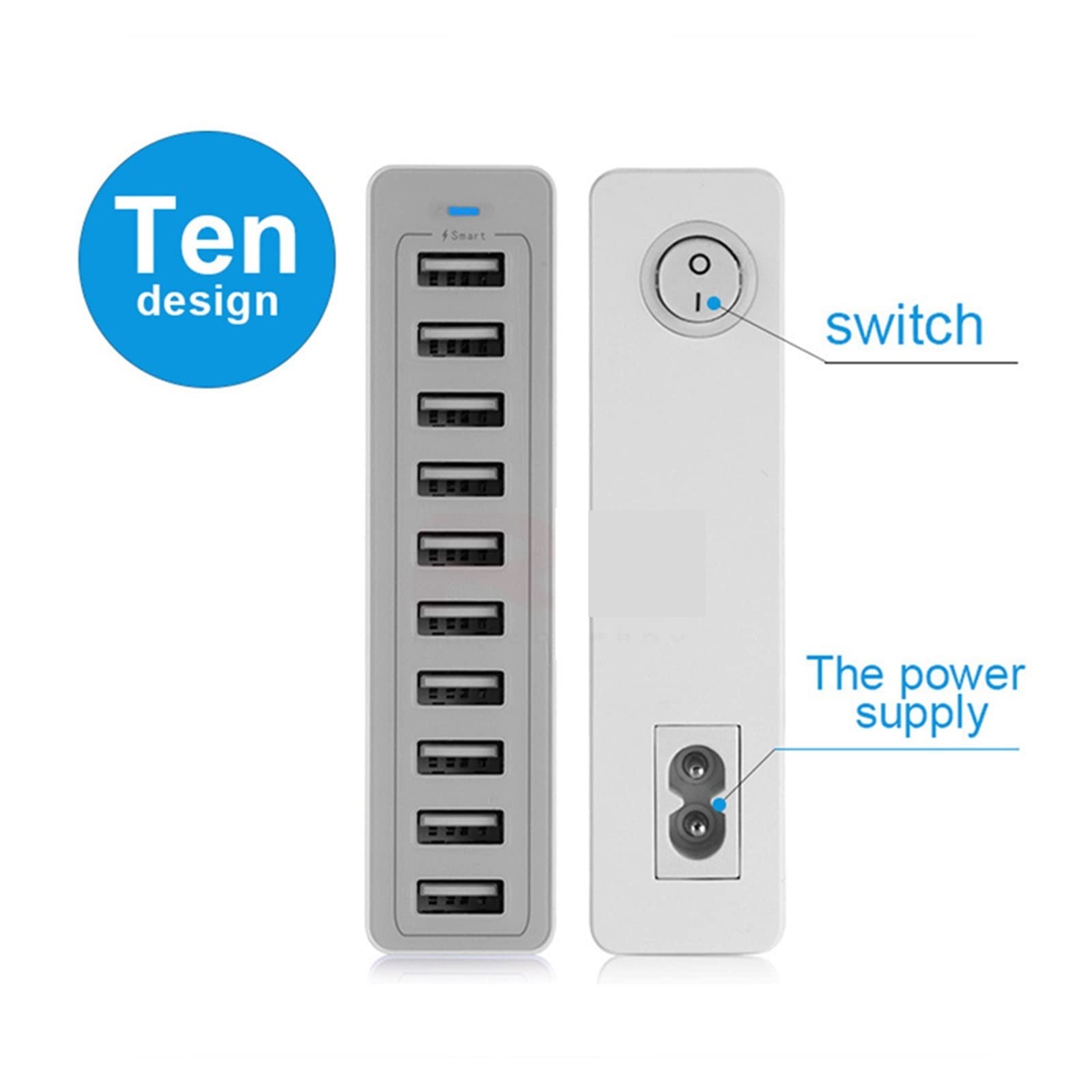 Stacja ładowania, Ładowarka 50W Multi USB 10 Portów Stacja ładująca Urządzenie wieloportowe Szybkie ładowanie 5V 10A Kompatybilne z telefonem, tabletem i telefonem komórkowym(10 USB Charger black)