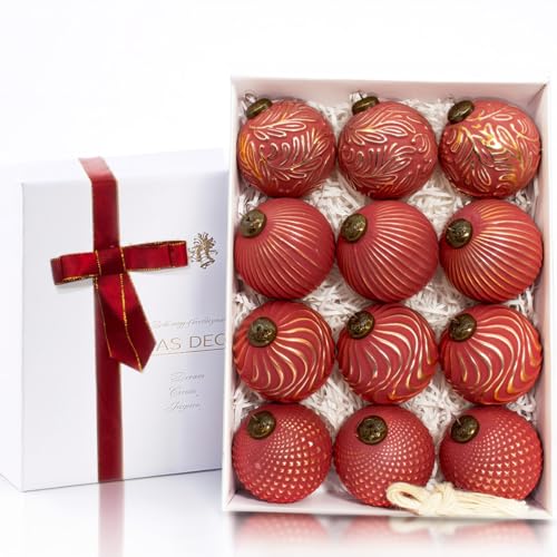 12PCS Red Christmas Ball Ornaments, Rustic Christmas Tree Decorations, 3.15" Vintage Farmhouse Hanging Ornaments for Christmas, Parties, Weddings and Home Decor (Red)