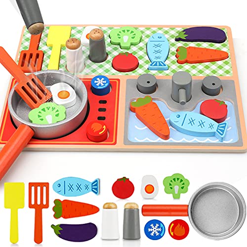 TOY Life Toy Wooden Kitchen Sets for Kids - Wooden Puzzles for Toddlers - Wooden Play Kitchen Accessories - Wooden Play Food Toys for Kids - Cooking Montessori Toy- Toy Stove Toys for Kids 3 4 5 6 7