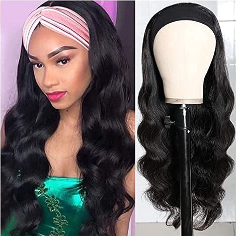Headband Wig for Black Women Girls,Body Wave Black Wig High Temperature Resistant Synthetic Water Wave Wig Black For Daily Use.(Natural black,26 Inch)(style1)