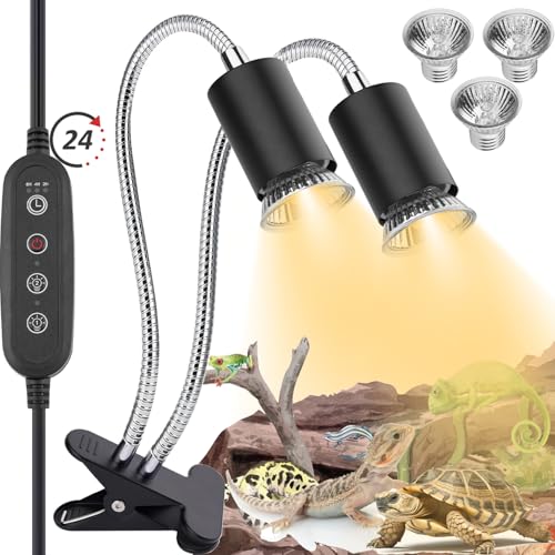 Image of Reptile Heat Lamp,Double-Head Heating Lamp for Reptiles, UVA /B Turtle Lamp with Clamp, Separate Control, Turtle Light,Basking Light for Reptiles Bearded Dragon Turtle Snake, 3 Basking Bulbs.