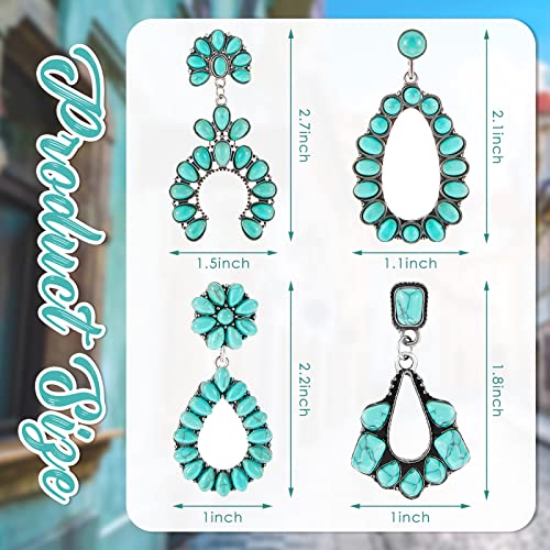 Bonuci Turquoise Earring 4 Pairs Western Earrings for Women Bohemian Oval Dangle Metal Earrings Vintage Statement Teardrop Country Jewelry(Classic Style)2