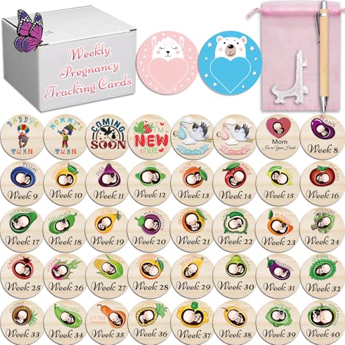 42 Designs Pregnancy Weekly Milestone Signs - Wooden Weekly Baby Bump Tracker Milestone Discs - Trimester Pregnancy Must Haves - Essential Gifts for Mommy to Be (Pregnancy Milestones Cards)