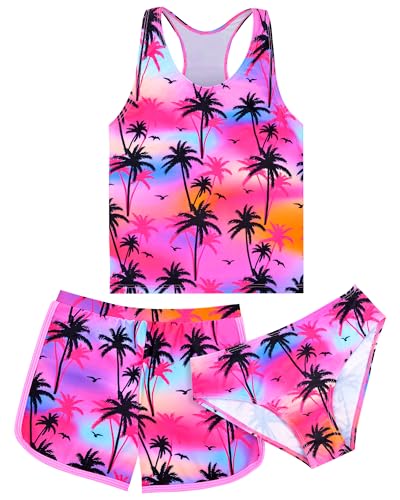 Girls Tankini Swimsuit 3 Piece Bathing Suit Set Cute Bikini Swimwear with Shorts Summer UPF 50+ Racerback Kids Swim Suit Purple Gradient Coconut Tree Size 10