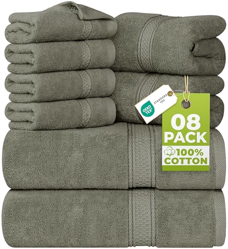 Utopia Towels 8 Piece Luxury Towel Set – Majestic Plush, Super Absorbent & Quicker-to-Dry, Thick 100% Ring Spun Cotton Towels for Bathroom, Spa & Hotel – 2 Bath, 2 Hand, 4 Washcloths, Dusty Olive