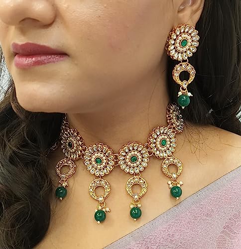 Efulgenz Indian Jewelry Set Kundan Crystal Choker Necklace Dangle Earrings Maang Tikka Head Chain Bollywood Wedding Jewelry for Women3