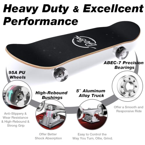 Image of BELEEV Skateboards for Beginners, 31 x 8 inch Complete Skateboard for Kids Teens Adults, 7 Layer Canadian Maple Double Kick Deck Concave Cruiser Trick Skateboard with Multifunction Skate T-Tool