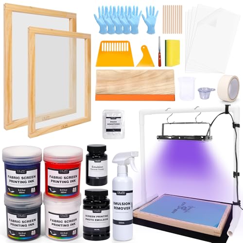 Caydo 51PCS All-in-One Screen Printing Kit with 50W LED UV Exposure Screen Printing Light, 4 Color Screen Printing Ink, Screen Printing Photo Emulsion, Screen Printing Frames