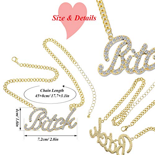 Q&Q Fashion Gold Celebrity Urban Big Bling Bitch Necklace Word Crystal Pave Rhinestone Chunky Chain Best Friend Friendship Jewelry BFF Gift4