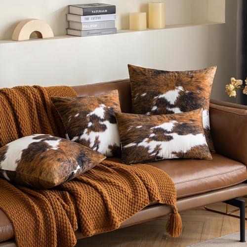 Image of Faux Fur Cowhide Throw Pillow Covers 22x22 Inch White Brown