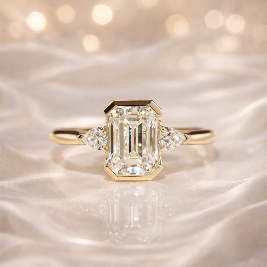 Emerald Cut Moissanite Ring 18K Yellow Gold Three Stone Engagement Ring Bezel Set Minimalist Ring Handmade Fine Jewelry Gift for Her - Image 3