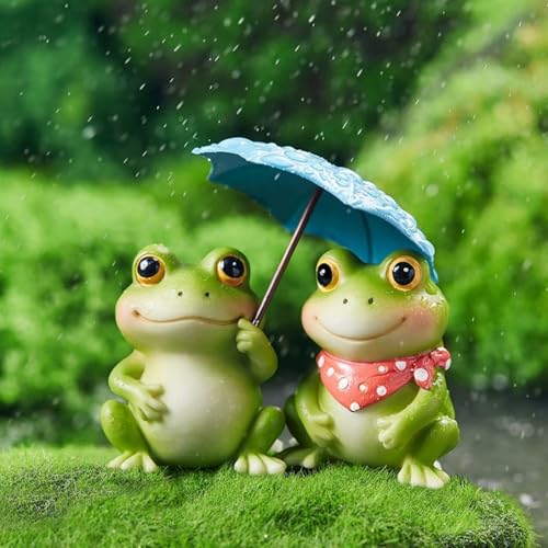 Zhe Jiu Frog Figurine with Umbrella, Decorative Outdoor Statue Set of 2,Collection Miniature Fairy Garden Home,Garden, Indoor Outdoor Decoration (A Pair of Frogs)