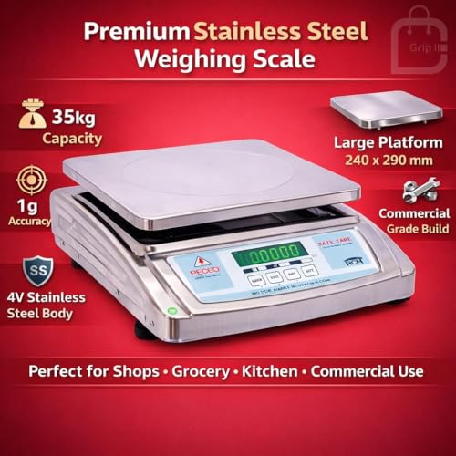 Image of Gripit 35kg Digital Weighing Scale for Shop, Grocery & Commercial Use | High Precision 1g Accuracy Heavy Duty Weight Machine with 10x12 Inch Stainless Steel Pan | Electronic Vajan Kata for Retail