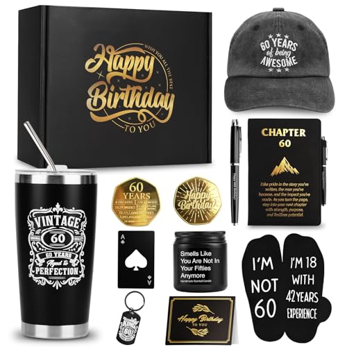 60th Birthday Gifts for Men - Unique Comprehensive Black & Gold Gift Box for Husband, Dad, Grandpa, Friends, Him