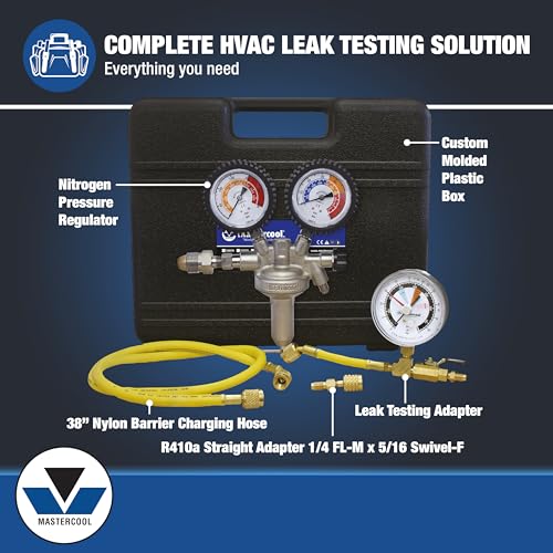 Image of Mastercool 53010 HVAC Pressure Testing Kit | Includes Nitrogen Pressure Regulator, Charging Hose, Leak Testing Adapter, R410A Adapter, Blow Molded Case | Professional-Grade for Leak Testing