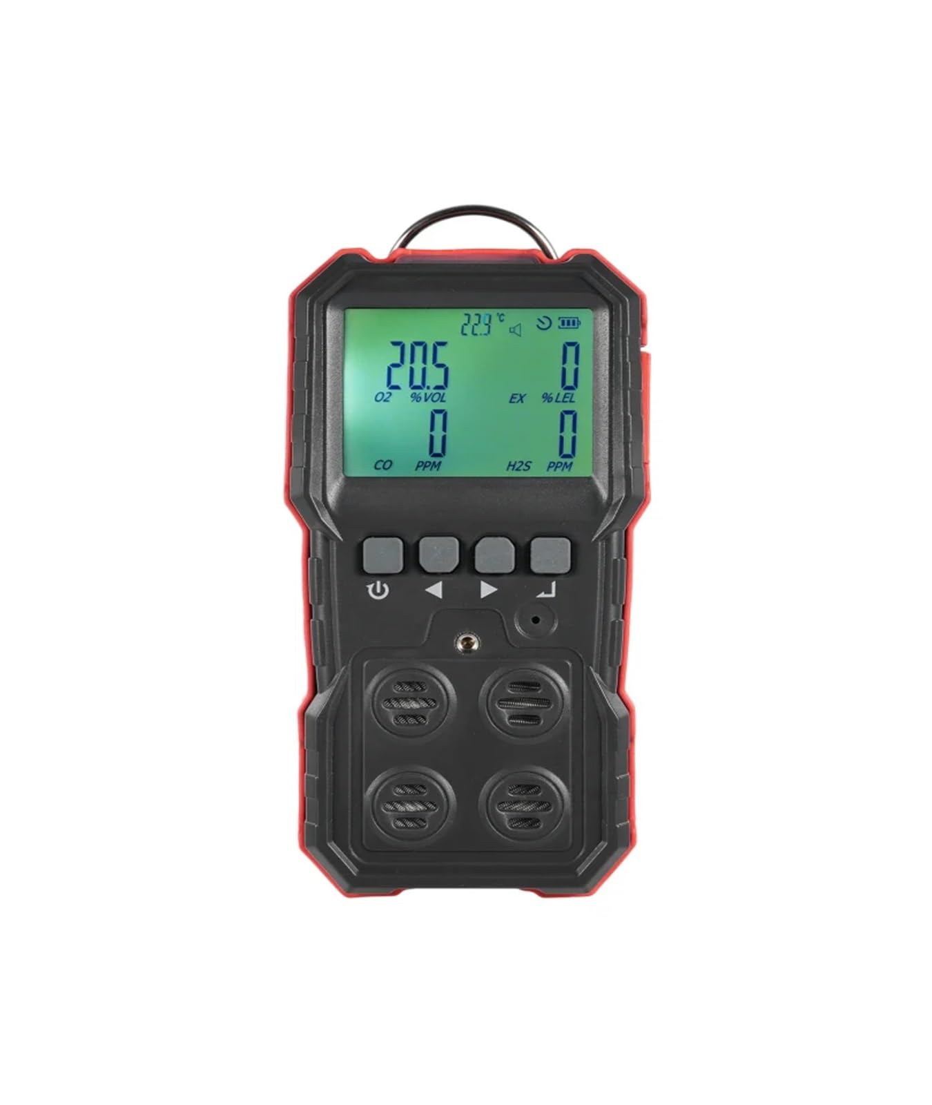 Monitor pomiaru gazów 4 w 1 Monitor gazu LEL/O2/H2S/CO Wyświetlacz LCD Dźwięk Światło Wibracja Alarm Rejestracja danych Precyzyjne czujniki do szybkiego wykrywania