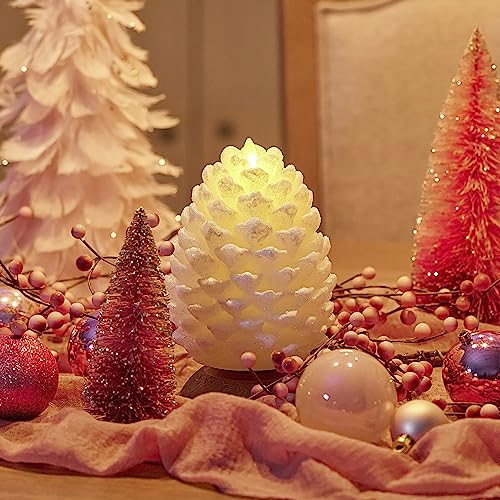 Image of Luminara Pinecone Flameless Candle White Swan Glitter and Snow Finish Pine Cone Figural, Real Wax Unscented LED Candles, Battery Operated with Timer, Holiday Decoration (4.7 inch x 6 inch)