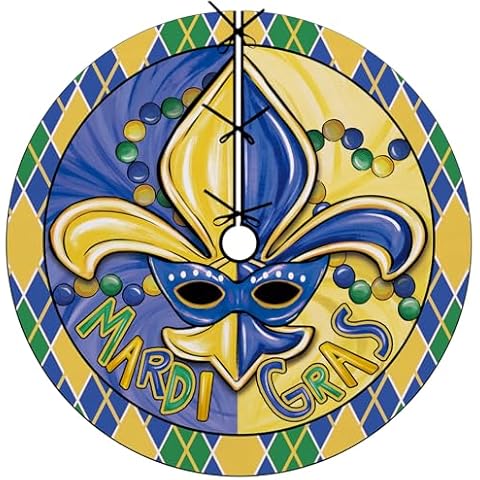 Fzbali Mardi Gras Fleur De Lis Mask Christmas Tree Skirt, 48 Inches Lace-up Beads New Orleans Carnival Tree Skirt, Yellow Blue Plaid Celebration Holiday Party Indoor Decoration Masquerade Home Decor Cover