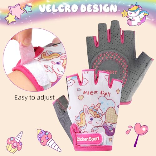 Image of PROBEROS Fingerless Riding Gloves for Kids Teen Girls Unicorn Skating Anti-Slip Padded Palm Design Breathable Sweat-Absorption Outdoor Sport Gloves, Size-S