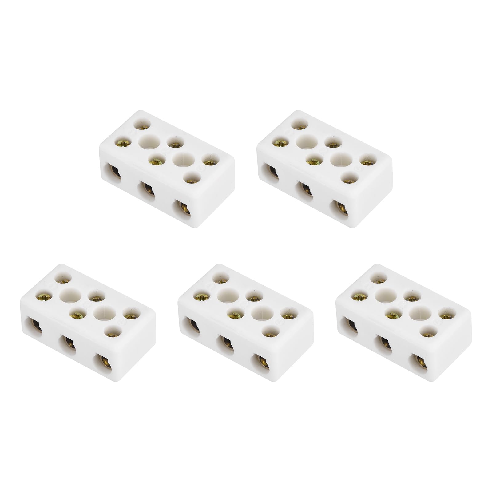 sourcing map 5 Pcs 3 Way Ceramics Terminal Blocks, 30A High Temp Porcelain Ceramic Electrical Connectors with Copper Conductors for 16 AWG-10 AWG Electric Wire Cable, 46.5x26.7x19.1mm