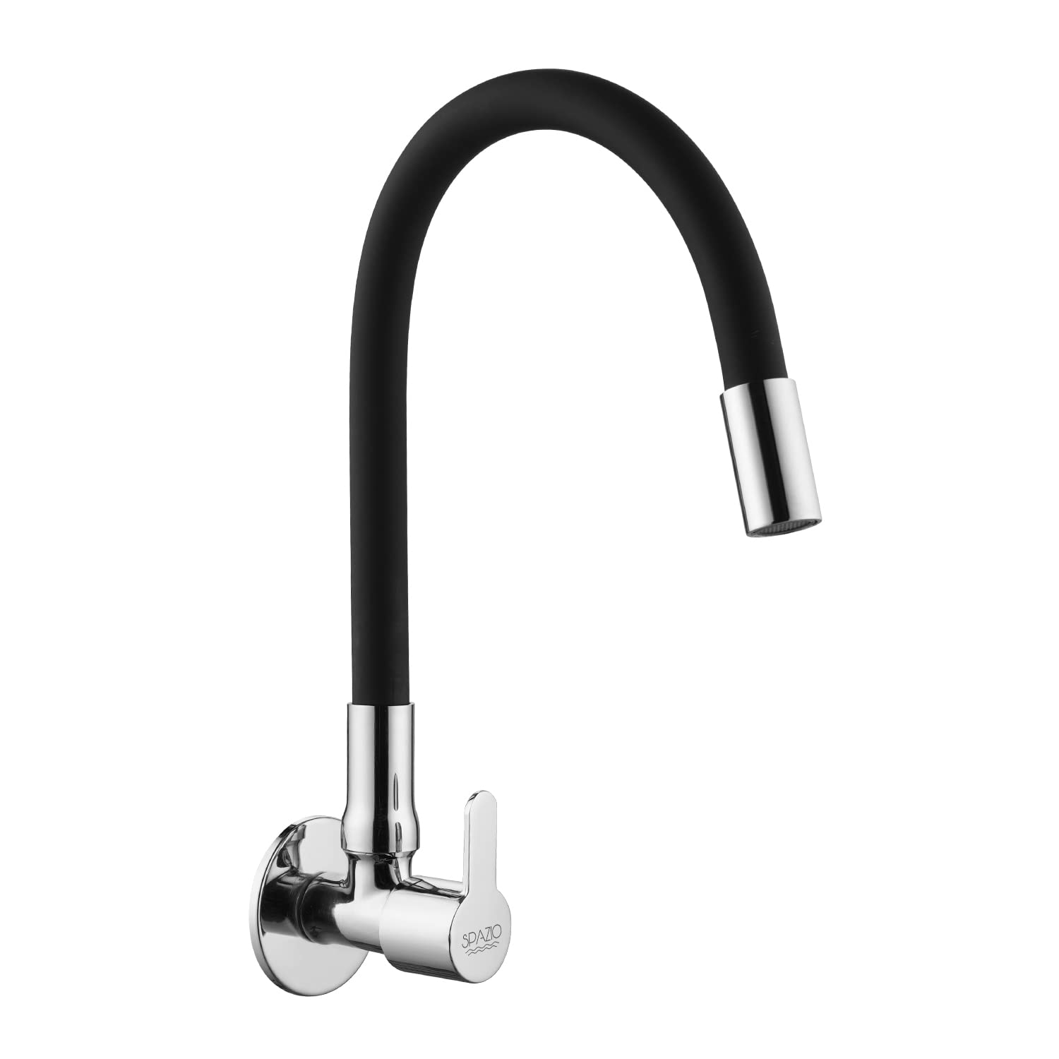 SPAZIO Fusion Brass Sink Cock Tap/Sink Faucet with Black 360 Degree Flexible Silicon Swivel Spout & Foam Flow Pattern, Hot OR Cold Water for Kitchen Sink, Wash Basin, Chrome Finish with Wall Flange-image-17