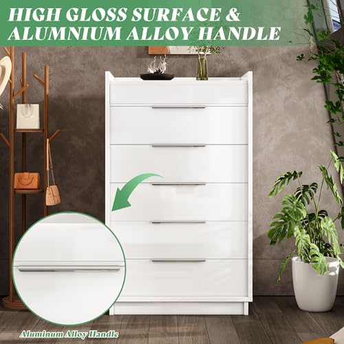 Image of AMERLIFE 50.2 inch H 5-Drawer Dresser for Bedroom with Built-in Mirror & Glass Tabletop, High Gloss Bedroom Storage Organizer & Closet, Modern Chest of Drawers, White