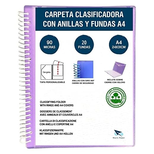 Raylu Paper® – Carpeta clasificadora con anillas con fundas transparentes A4 de 90 micras y sobre con cierre de velcro, tapa personalizable. Carpeta de fundas 100% biodegradable. (20 Fundas, Violeta)