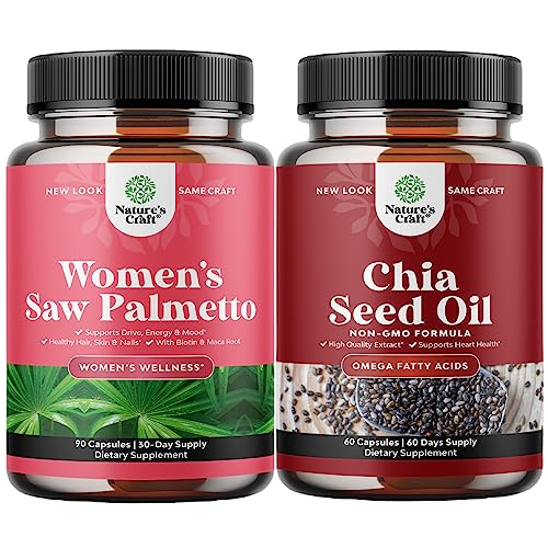 Bundle Of Extra Strength Saw Palmetto For Women And Chia Seed Oil Extract Capsules - Stronger Thicker Faster Hair Growth Vitamins - Plant Based Omega 3 6 9 Supplement And Daily Fiber Capsules #TOP18