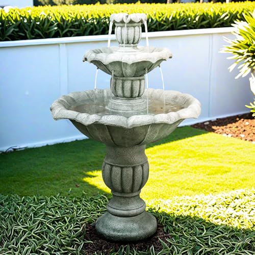 Image of SunJet 39.3 inch High Modern Concrete Outdoor Water Fountain - 3 Tiered Large Floor Water Fountain and Waterfalls with Electric Pump for Garden, Patio, Yard, and Deck Decor, Featuring Natural Stone Look