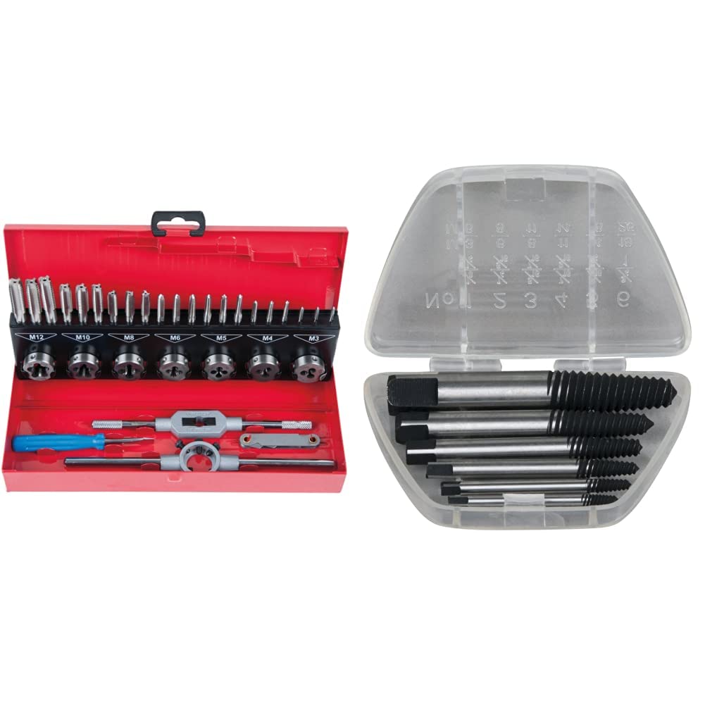 KS TOOLS Coffret De Jeux De Tarauds Et Filières - avec Mallette De Rangement Rouge en Acier Anti Rouille - Outtilage Mecanique Auto 32 Pièces & Jeu d'extracteurs de Goujons 6 pièces