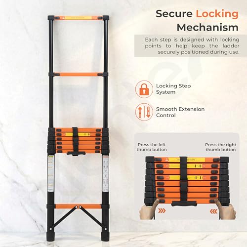 Image of Plantex 3.5m (11.48 ft.) Telescopic Ladder /Carbon Steel 9-Steps Portable & Compact Ladder /Foldable Multipurpose Collapsible Ladder for Home & Outdoor Use - (Orange)