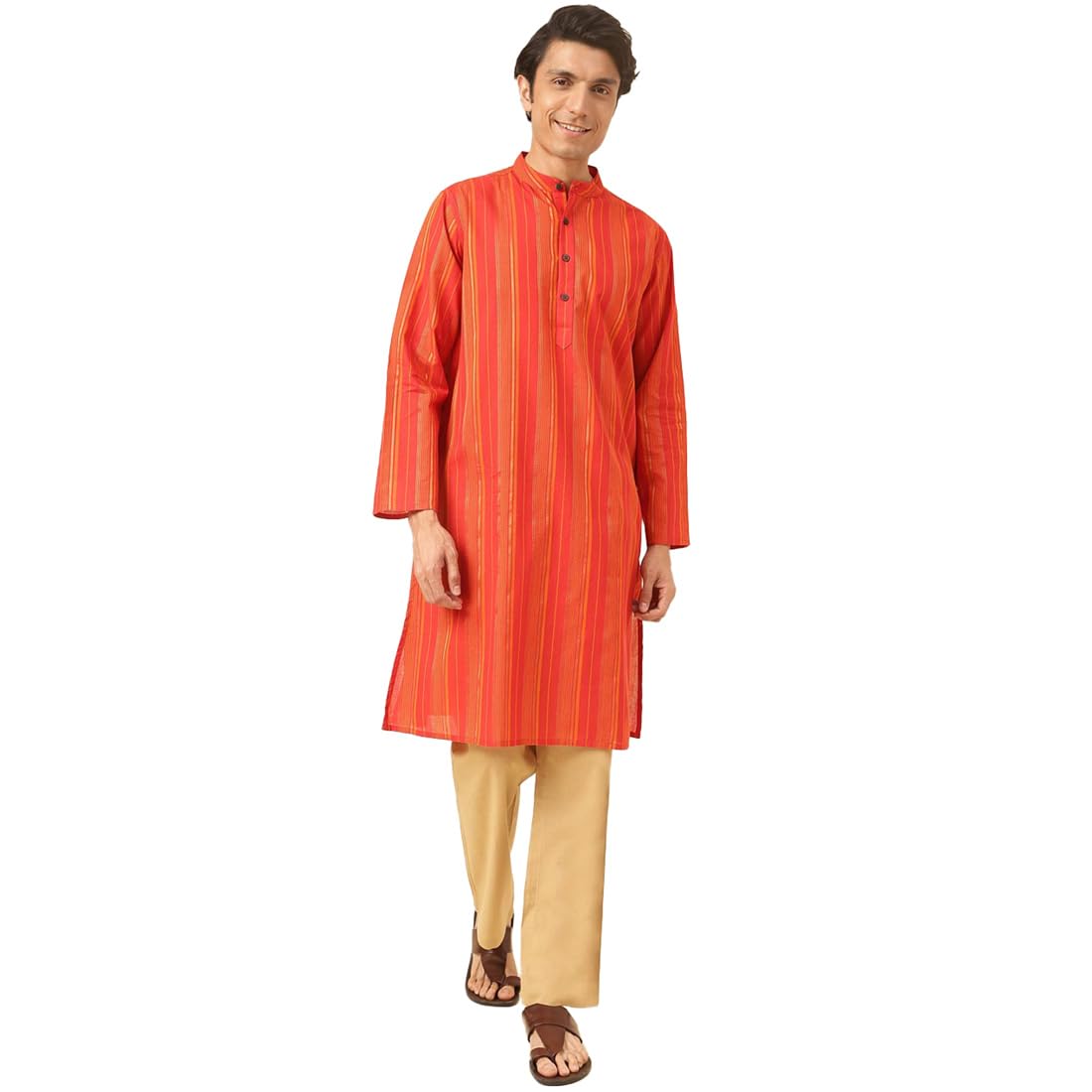 fabindia Men Cotton Blend Orange Printed Chinese Collar Regular Sleeves Comfort Fit Long Kurta-picture-39