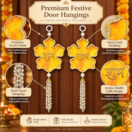 Image of Akaar Decor Artificial Marigold Door Hanging Toran | Diwali Decoration Items for Home Decor| Festive Decor| Office Decor| -(L:Approx. 2.5ft) (Acrylic Shubh Labh Yellow)