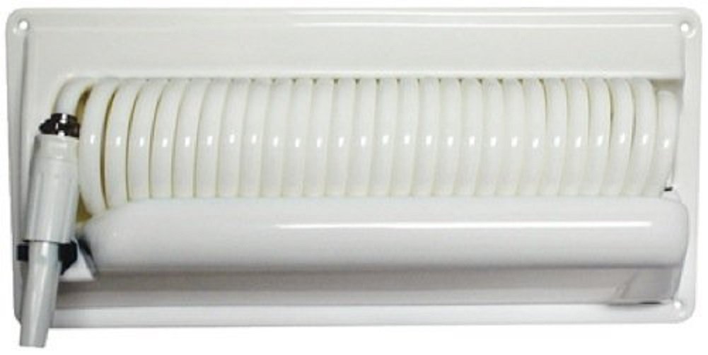 T-H MarineCoiled Washdown Hose Station - 25' Wash Down Hose, Nozzle, Holder, 5' Supply Hose, and Brass Fittings - Kink Free Design and Compact Storage - White