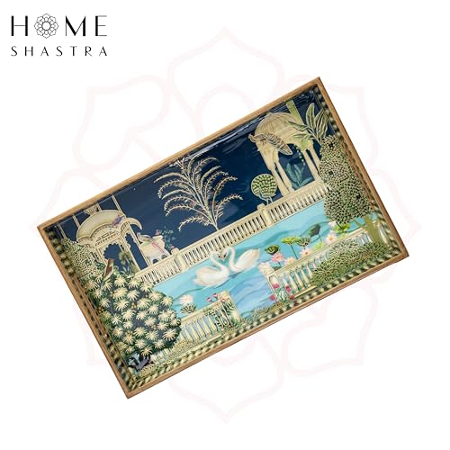 Image of Swan Wooden Serving Tray with Gold Engraving | Pack of 1 | Size : 16 x 10 inch | Enamel Coated Waterproof | Rectangular | Swan Large