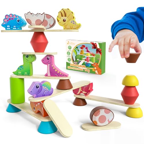 Montessori Dinosaur Toys for 1 2 3 4 Year Old Toddlers, Early Education Toys for Ages 2-4 Boys Girls Kids, Wooden Dinosaur Blocks Sorting & Stacking & Balance Toys, Ideal Preschool Birthday Gift