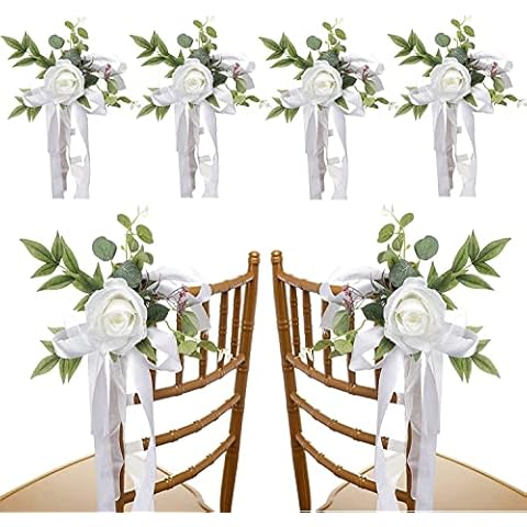 DULRLLY 6PCS Wedding Aisle Chair Decorations Church Chair Bench Pew Flower Bows for Wedding White Rose Chair Back Floral with Leaves and Ribbons Wedding Aisle Chair Flowers for Ceremony Party (White) Cover
