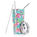 30 oz. Tumbler Double Wall Stainless Steel Vacuum Insulation Travel Mug with Crystal Clear Lid and Straw, Water Coffee Cup for Home,Office,School, Ice Drink, Hot Beverage,Flamingo