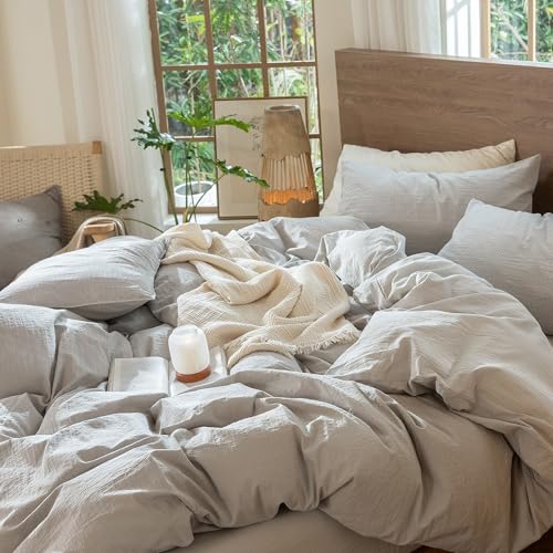 Image of MooMee Wavy Striped Duvet Cover Set 100% Washed Cotton Linen Like Textured Breathable Durable Soft Comfy (Light Grey, Palatial King /Oversized King 120 inchx98 inch)