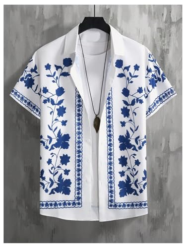 OYOANGLE Men's Floral Print Button Down Shirt Boho Short Sleeve Collar Vacation Holiday Tops3