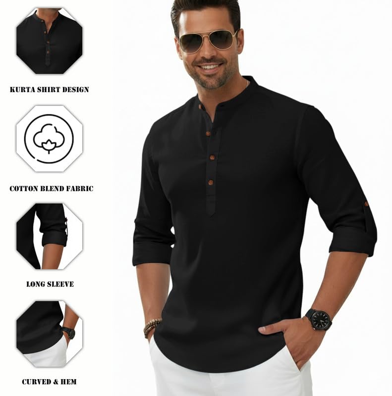 Image of Macsivo Men's Cotton Blend Solid Short Kurta with Regular Lenth Mandarin Neck Full Sleeves and roll-up tab| Kurta Style Shirt for Men