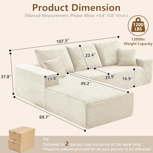Image of 107 inch Cloud Sectional Couch with L-Shape Chaise, Modern Modular Comfy Sofa with Deep Seat, Upholstered Corduroy Couches Sleeper Chaise Longue for Living Room Bedroom, No Assembly Required, White