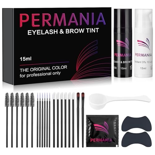 PERMANIA Augenbrauen und Wimpernfarbe Set, 2 In 1 Wimpern Färben Schwarz Set, Farbe Bis zu 4 Wochen, Sanfte Formel für Salon Oder Heimgebrauch