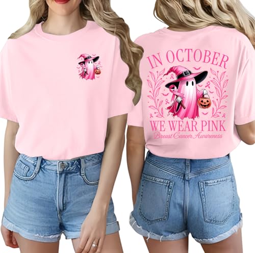 Breast Cancer Shirts for Women in October We Wear Pink Shirt Halloween Pink Ghost Tshirt Support Cancer Gift Tee Tops