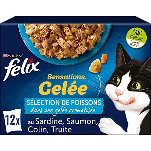 FELIX | SENSATIONS | Chat Adulte | Selection de Poissons en Gelée : au Saumon, Sardine, Colin, Truite | Aliment humide 100% complet et équilibré | Sachets...