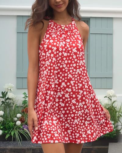 Image of ANYFITTING Summer Dress with Built in Bra Casual Beach Sundress Flowy Halter Mini Short Dresses for Women 2026