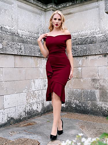 Knitee Women's Off Shoulder V-Neck Ruffle Pleat Waist Bodycon Evening Cocktail Slit Formal Dress3