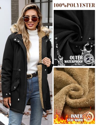 Vijamiy Winterparka Damen Warm Gefüttert Fleece Winterjacke Wasserdicht Wintermantel Winddicht Kapuzenmantel Mit Fell Lange parka(Schwarz,S)