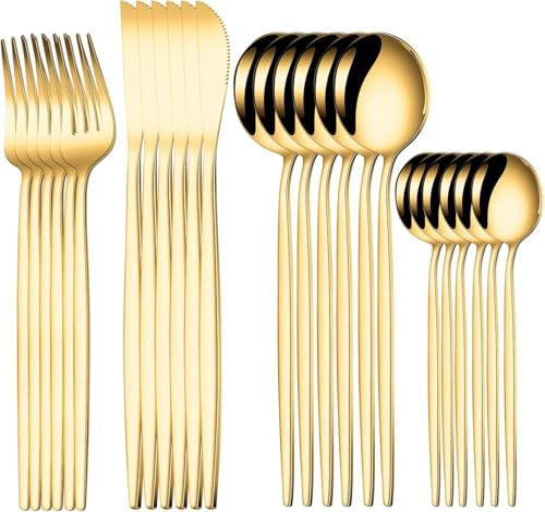 Image of Stainless Steel Flatware Set - 24 Pieces (Pack of 24) | Gold Silverware Cutlery Set for 6 | Knife, Fork & Spoon Dinnerware Tableware Set for Home, Kitchen - Gold