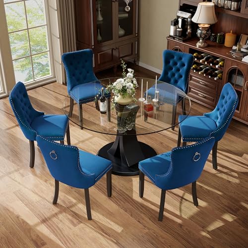 Image of 7-Piece Dining Table Set with 47In Tempered Glass Table and 6 Velvet Upholstered Chairs, Modern Scandinavian Furniture for Dining Room Kitchen(Blue)